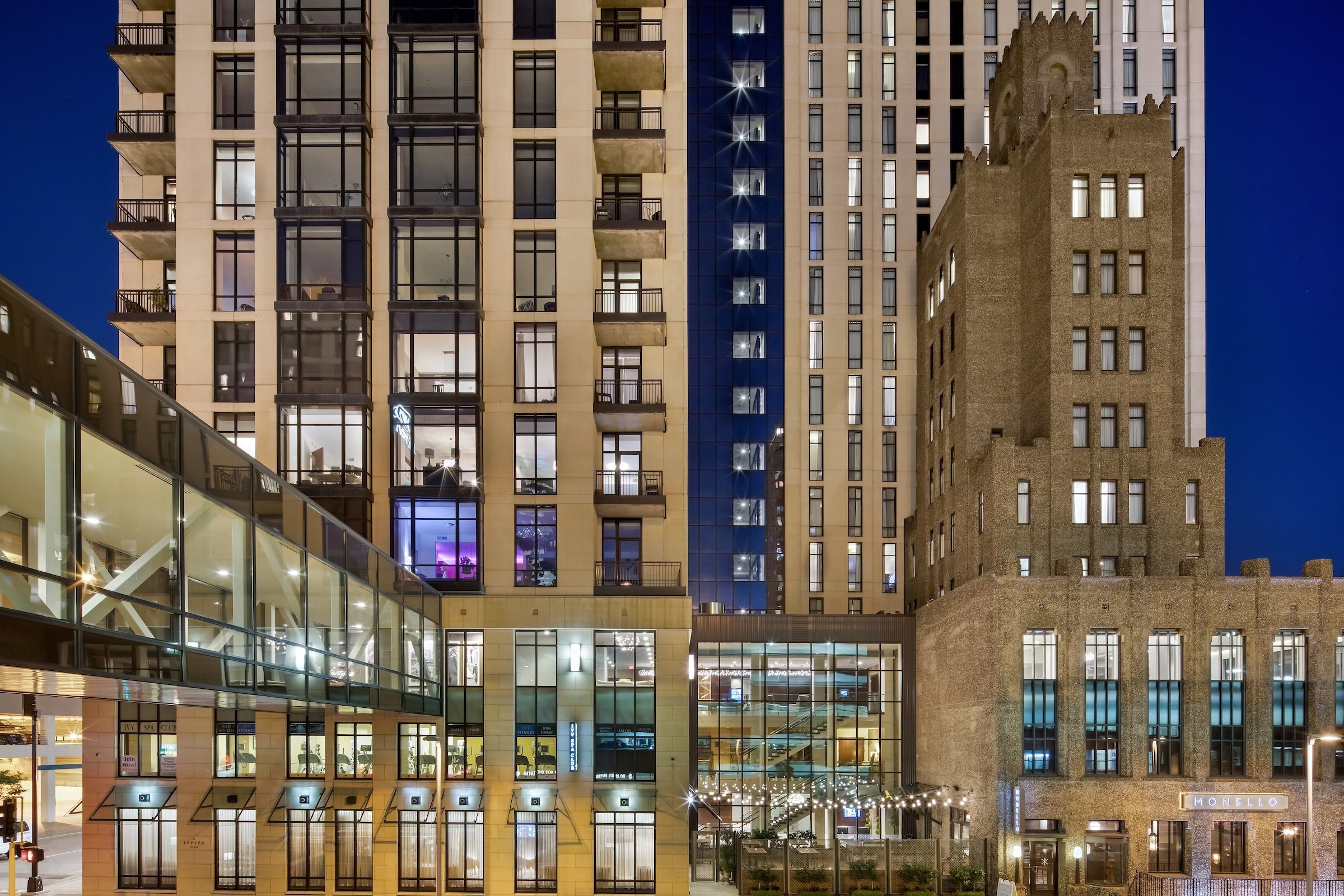 Hotel exterior with lights at night