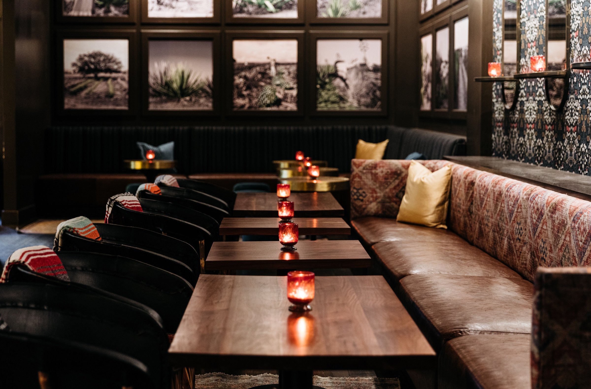 Atmospheric interior of table settings and Agave photographies at Masa & Agave of Hotel Ivy